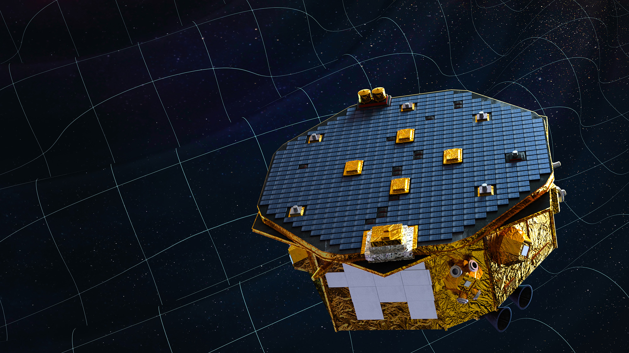 Illustration d'une sonde spatiale dorée avec un dessus plat rempli de panneaux solaires devant des marques de grille ondulées