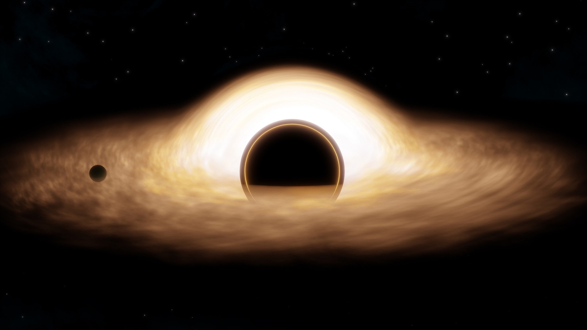 Illustration d'une sphère noire entourée de gaz blanc brillant dans l'espace