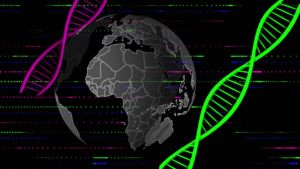 a globe centered on Africa on a black background with colorful DNA double helixes