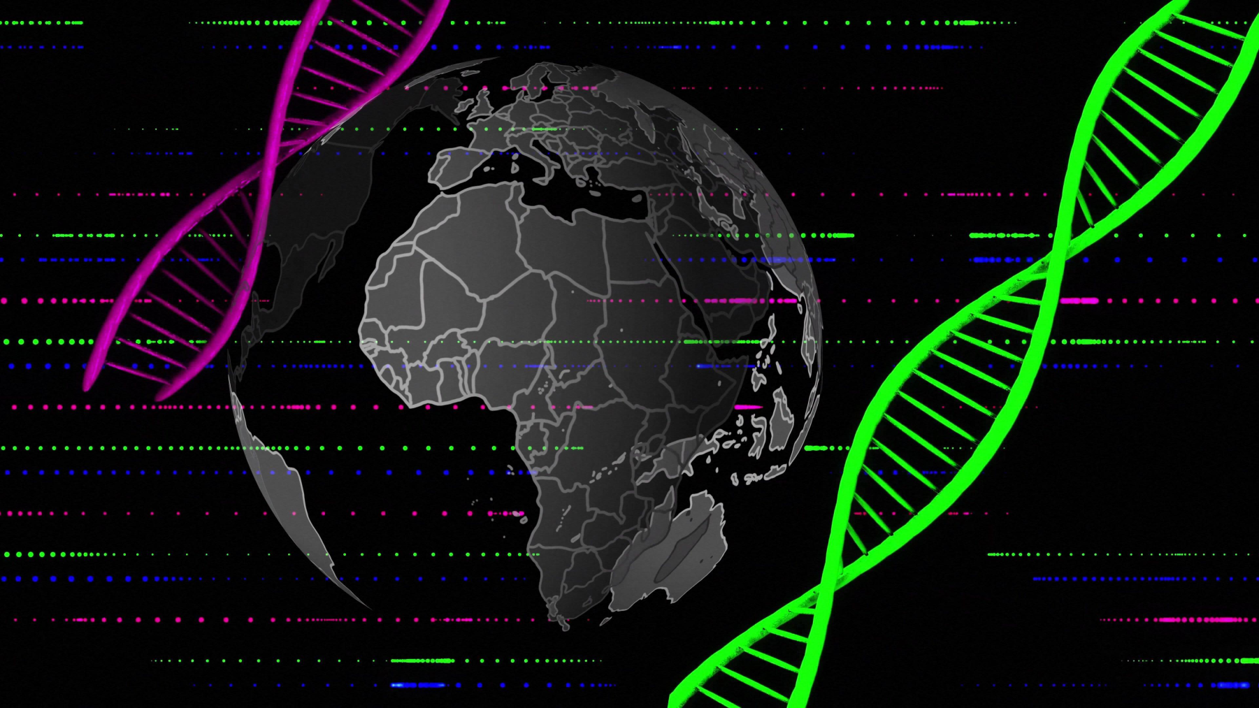 a globe centered on Africa on a black background with colorful DNA double helixes