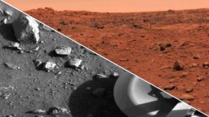 Two images show different sides of Mars, one being a grayscale image and the other being bright orange.