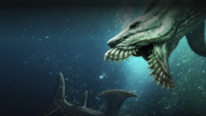 A promotional image for Shark Week 2026 special Jurassic Sharks showing an ancient shark with protruding teeth and jaws hinting another animal in the ocean.