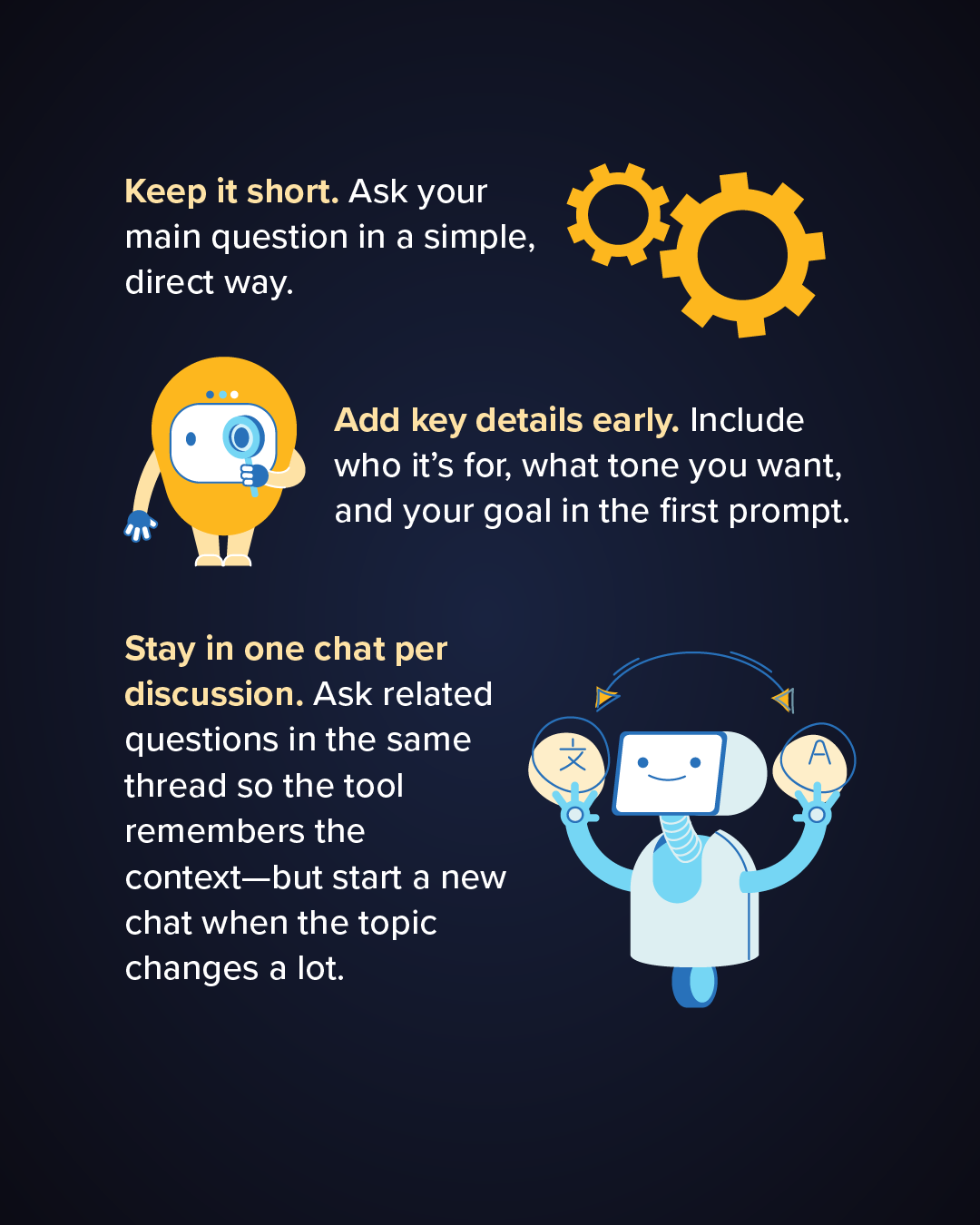 Cinq cartes contenant chacune une astuce sur la façon d'économiser de l'énergie lors de l'utilisation d'un chatbot IA.