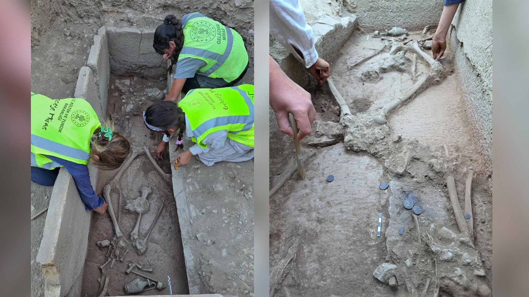 two photos of a grave being excavated by three people in high-viz vests