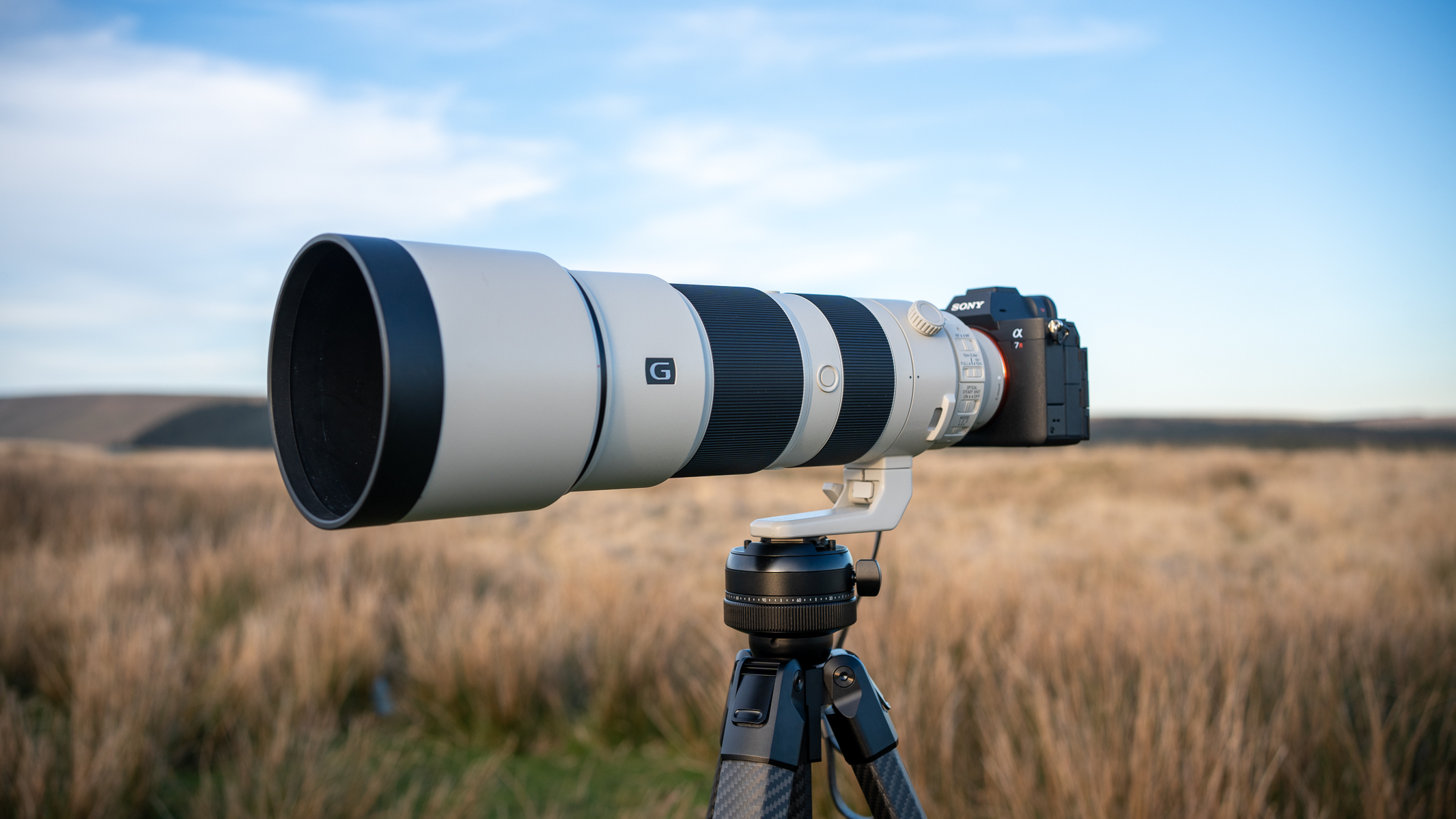 Sony FE 200-600 f/5.6-6.3 G OSS sur un trépied dans un champ