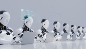 an illustration of a line of robots working on computers
