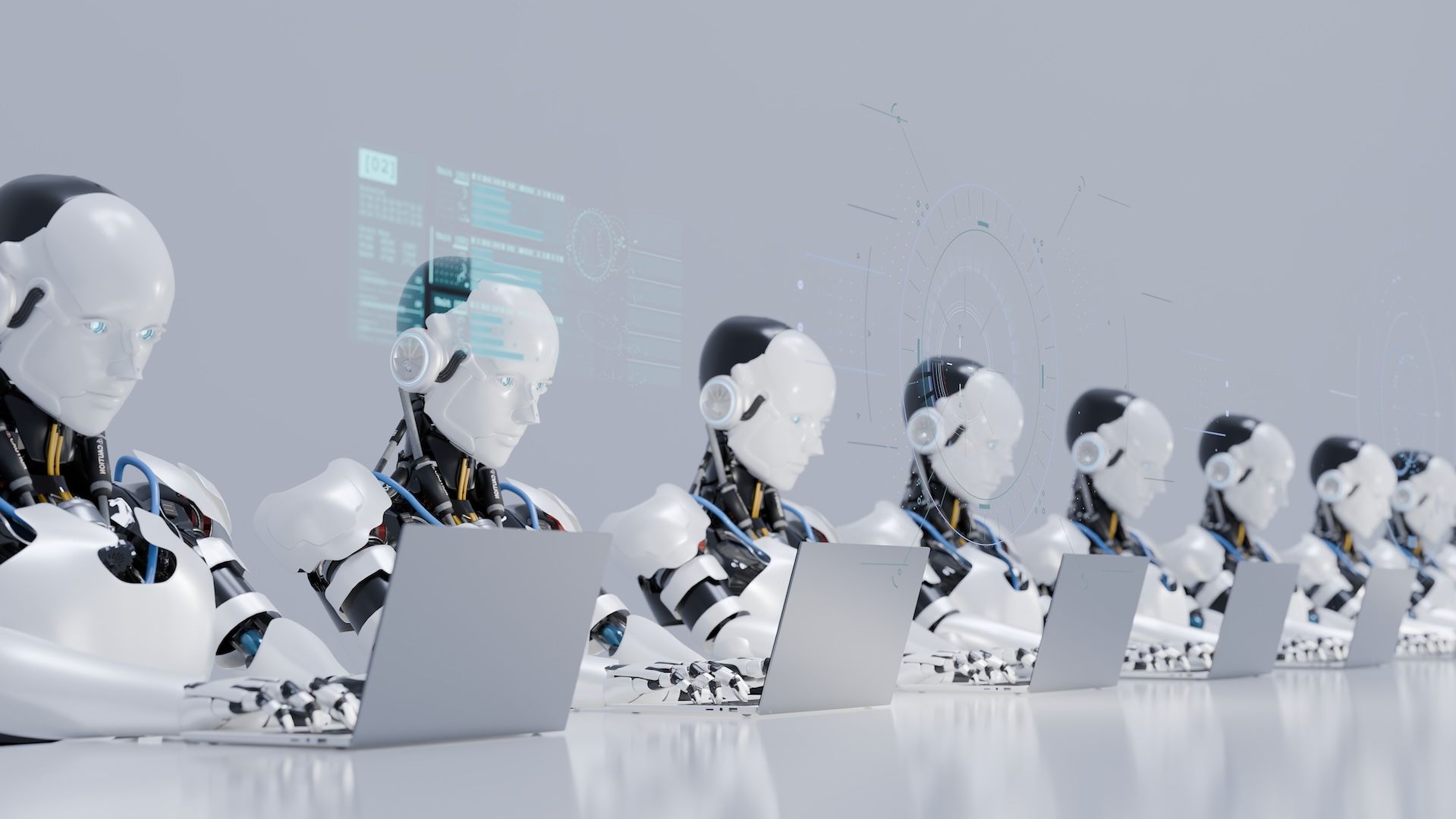 an illustration of a line of robots working on computers