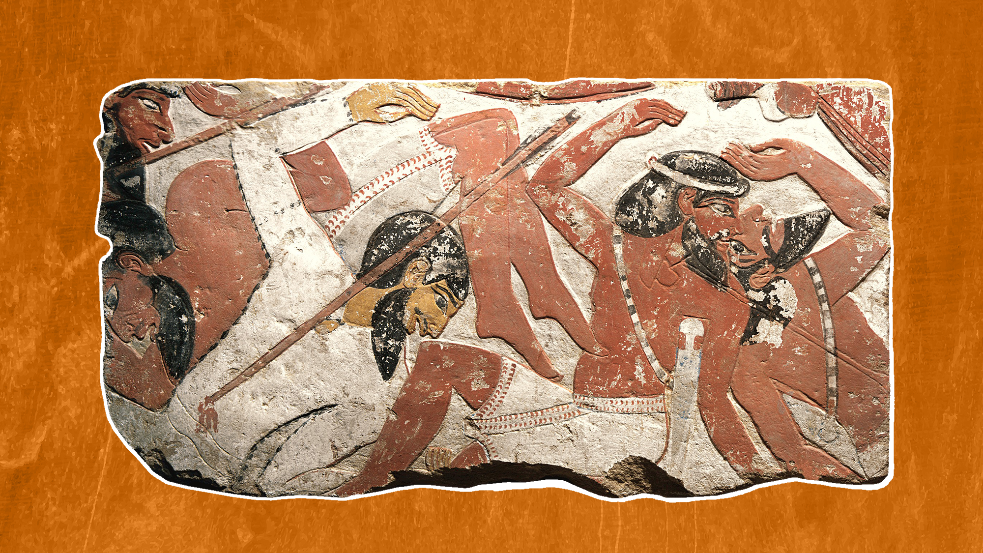 fragment de relief peint avec des ennemis vaincus sur fond orange
