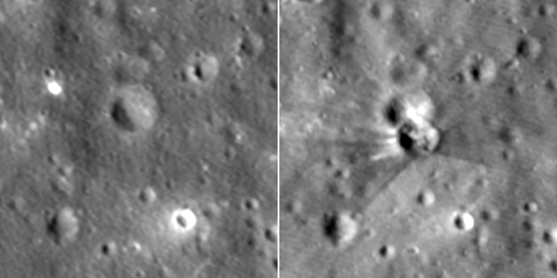 LROC Narrow Angle Camera image before and after the Falcon 9 rocket booster impact. Images enlarged 5x, north is up, each image is 120 meters wide