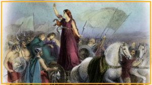 A painting showing a woman raising her arm in a chariot surrounded by people