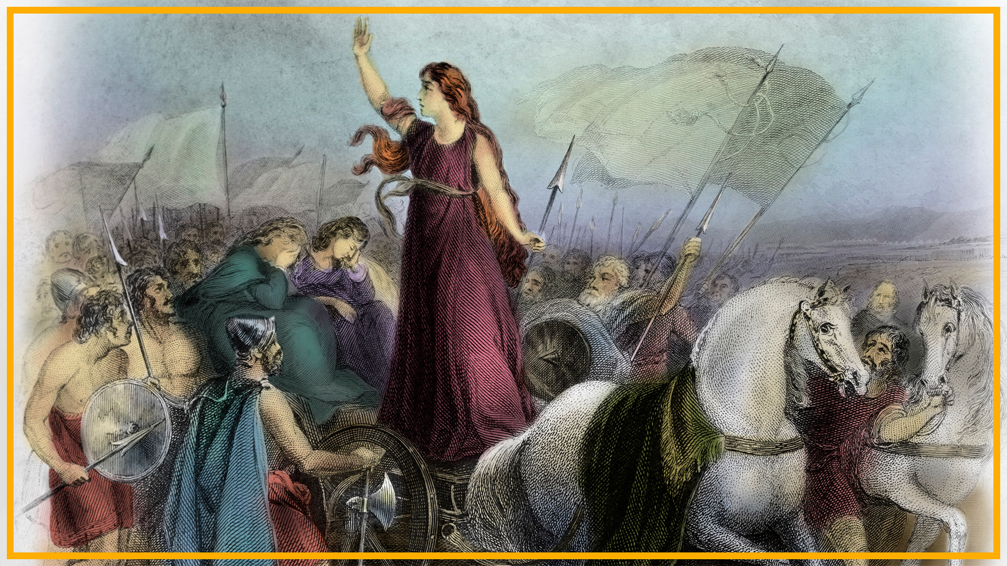 A painting showing a woman raising her arm in a chariot surrounded by people