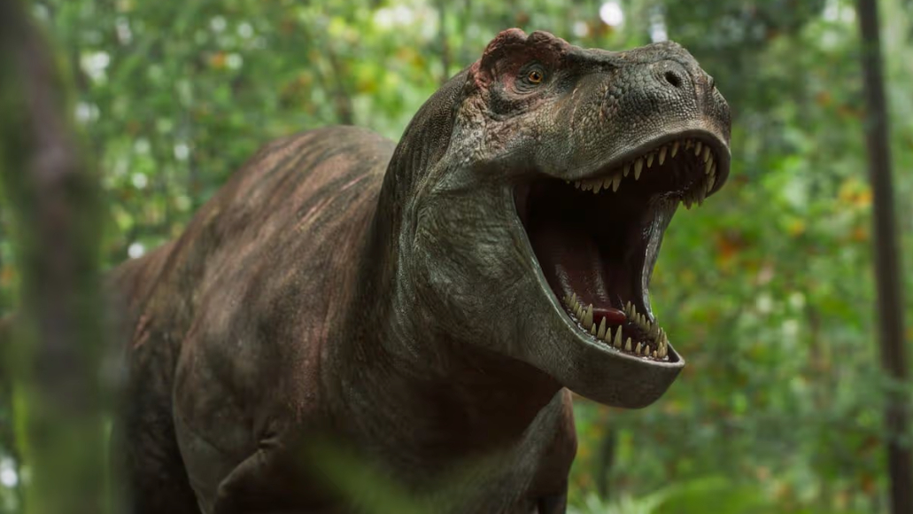 Une image tirée de la série documentaire de la BBC Walking With Dinosaurs montrant un T-Rex rugissant.