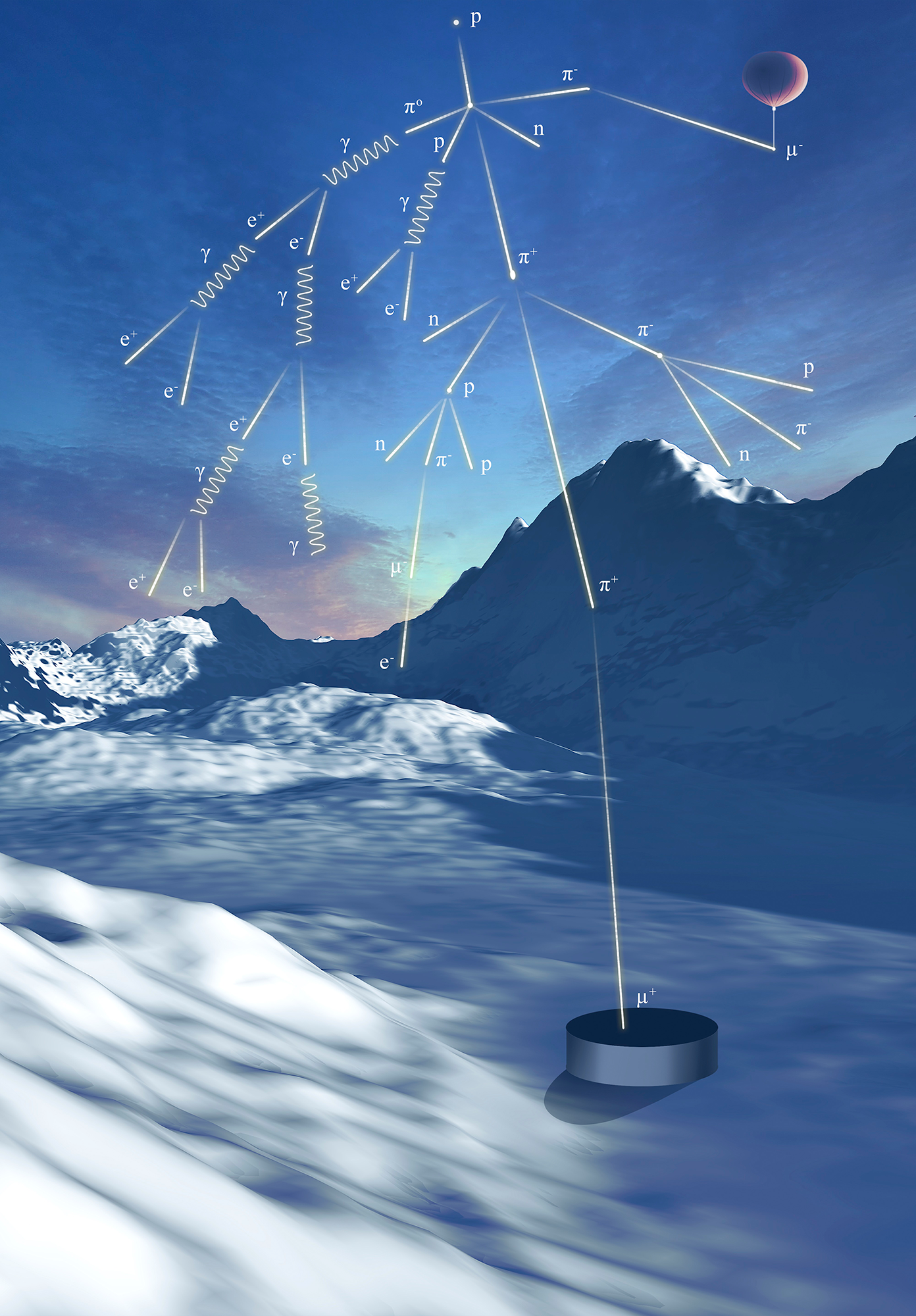 Illustration d'une série de particules tombant du ciel sur un paysage enneigé