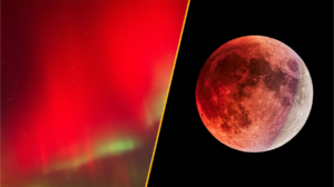 A split picture of the red aurora and a red partial lunar eclipse.