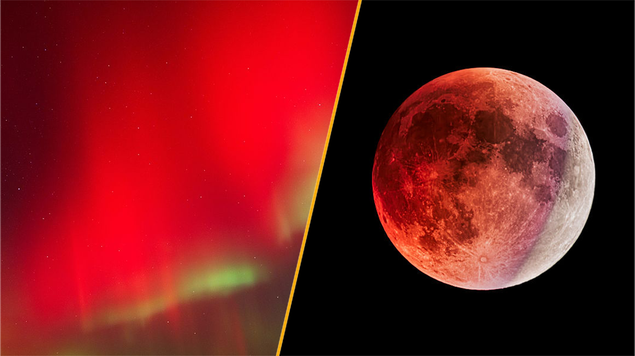 A split picture of the red aurora and a red partial lunar eclipse.