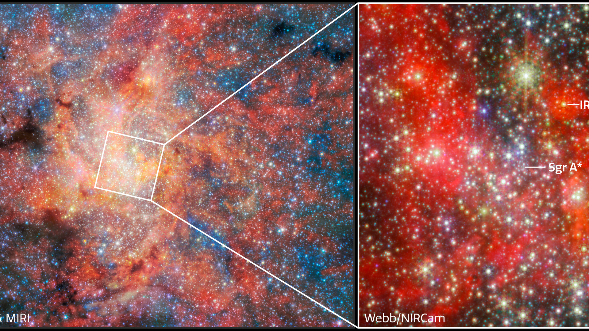 Deux images de l'espace lointain côte à côte, celle de droite montrant un zoom avant sur le gaz rouge et bleu autour des étoiles.