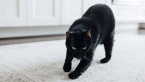 A black cat stands on a white rug