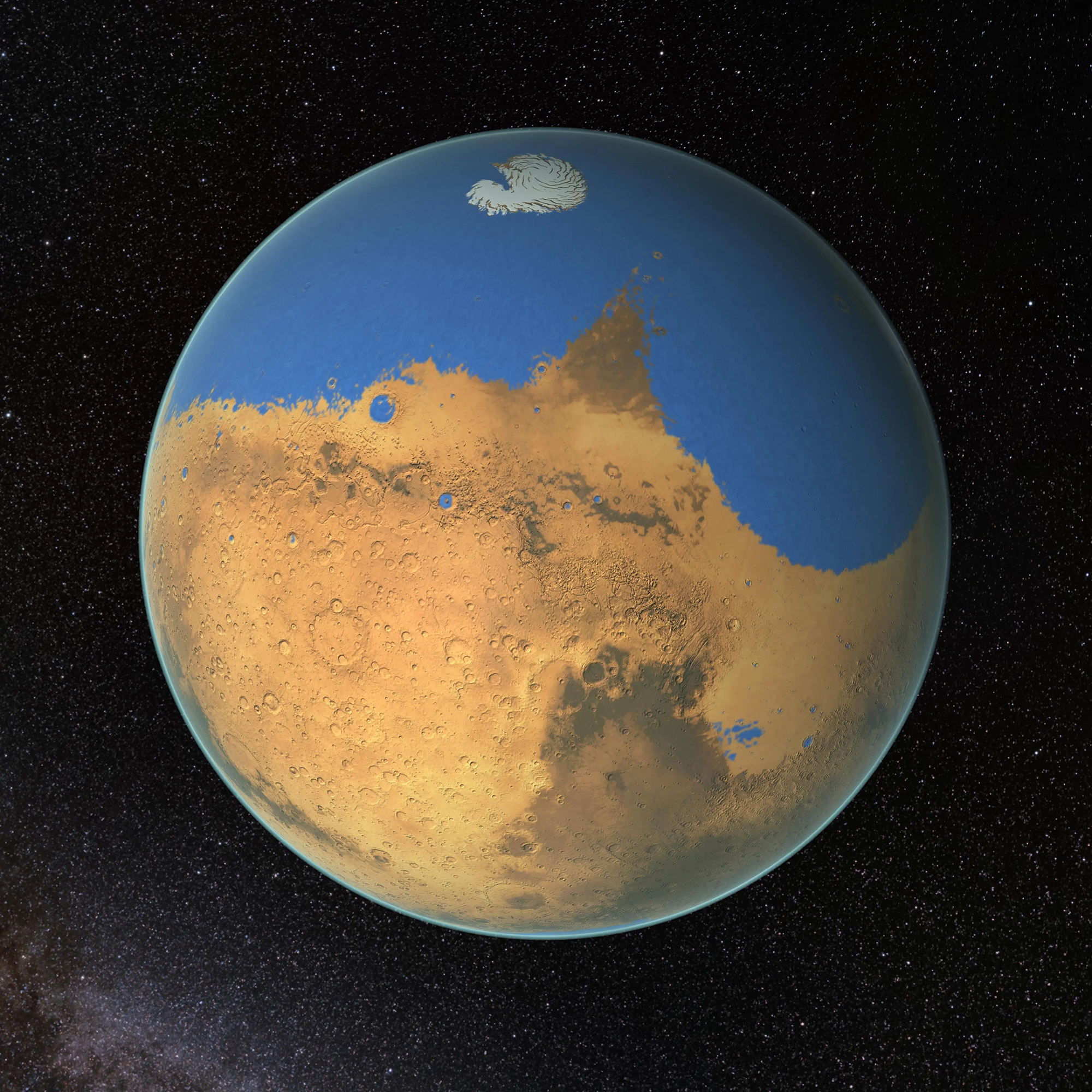 Illustration d’une planète rougeâtre avec un océan bleu dans son hémisphère nord.