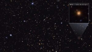 Webb’s image of spiral galaxy Saguaro, revealing a bright red core linked to mysterious Little Red Dots.
