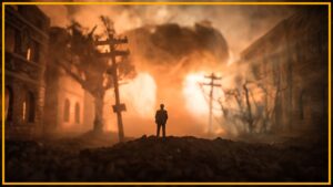 a mushroom cloud with an apocalyptic scene and a man standing looking at it in the center