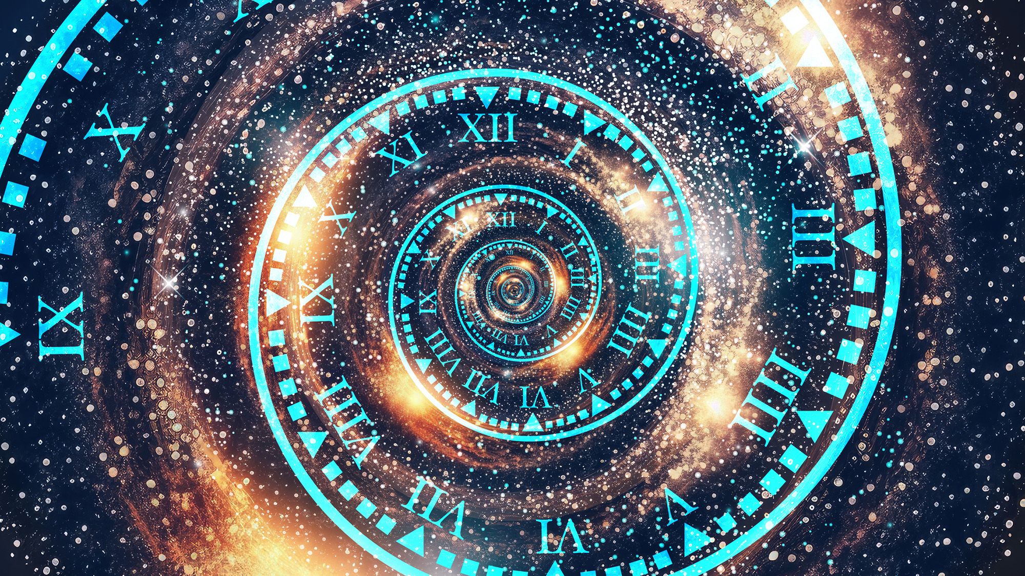An illustration of a blue spiral that looks like a clock with a starry background behind it.