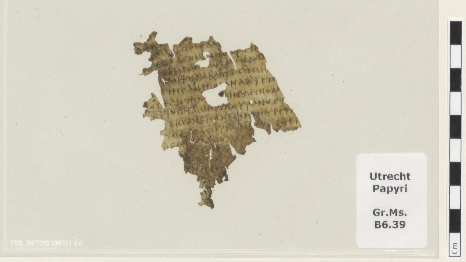 a fragment of parchment with small Greek letters and a scale in the right-hand side