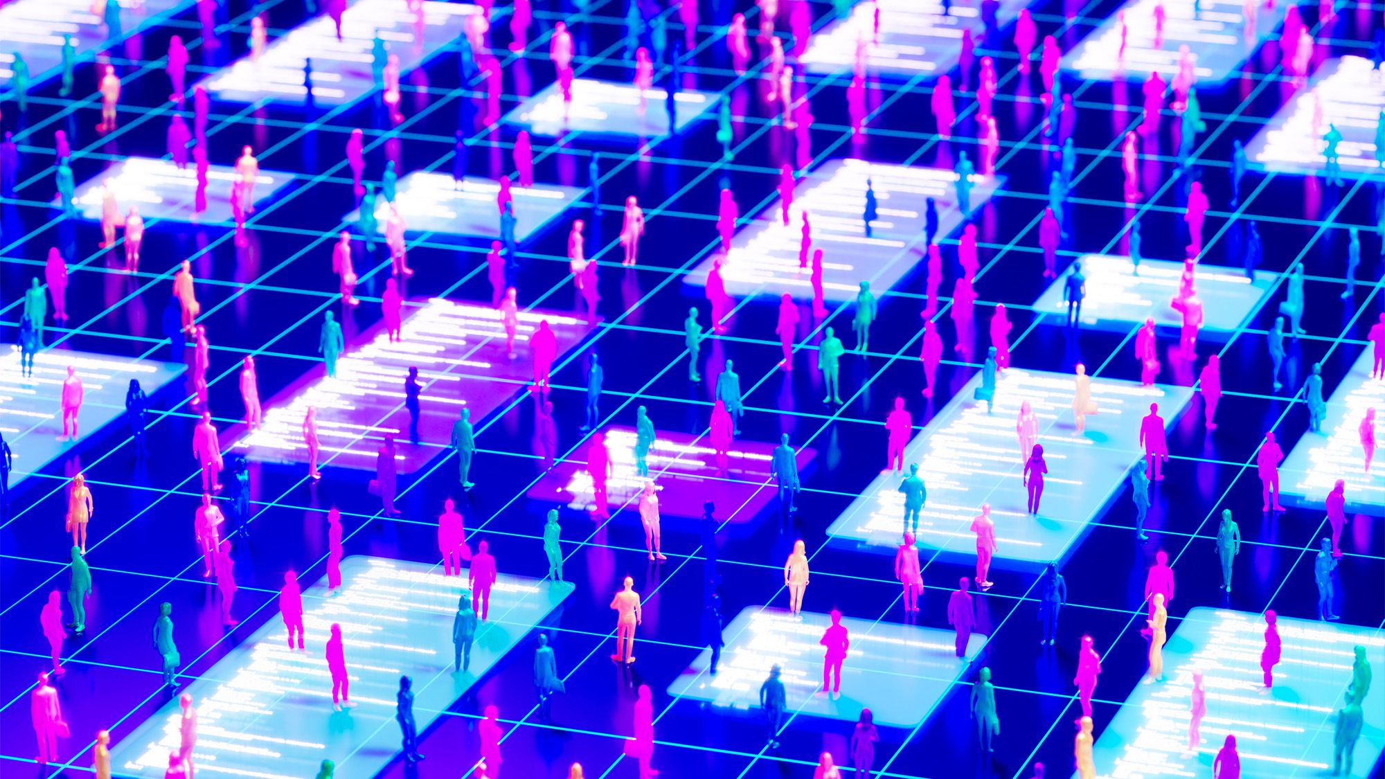 A cartoon of a series of pink and blue people standing on a series of white squares on a grid.