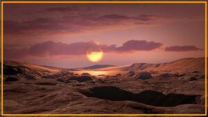 An illustration of a sunset on another planet.