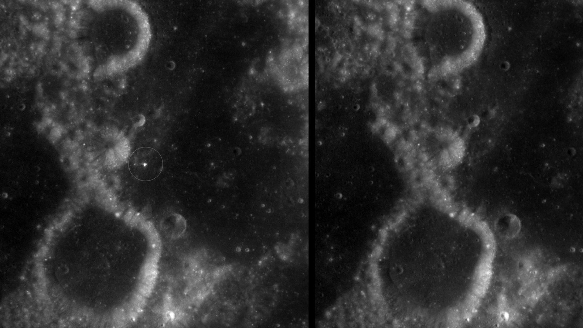 Images en noir et blanc de cratères circulaires sur la Lune.