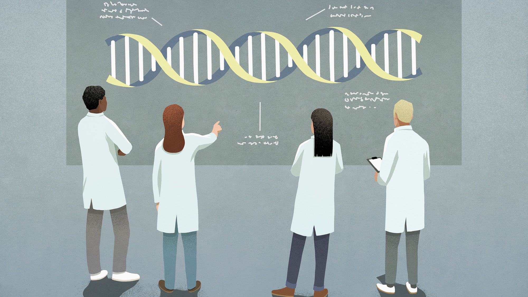 An illustration of people wearing lab coats stand in front of a board with a DNA double helix on it