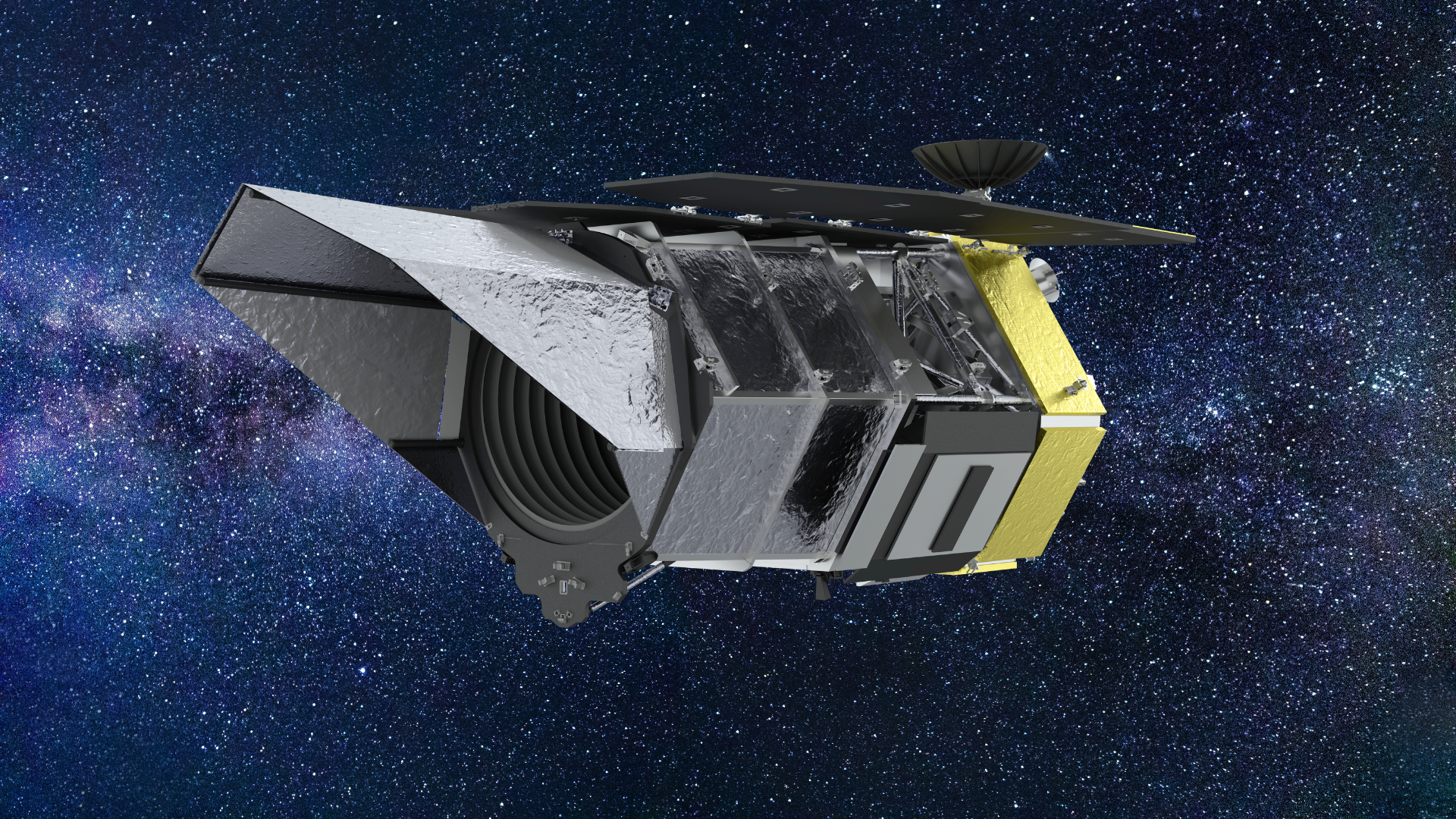 A large space telescope in front of a deep space background.