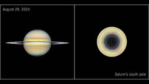 Two images of a yellow planet side by side, with white rings around the planet on the left and a yellow planet with a dark hole on the right.
