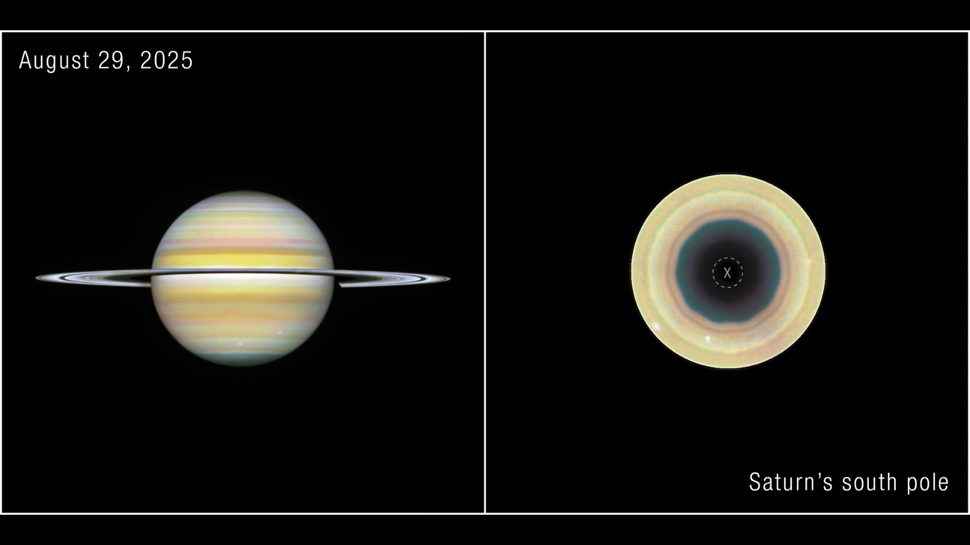 Two images of a yellow planet side by side, with white rings around the planet on the left and a yellow planet with a dark hole on the right.