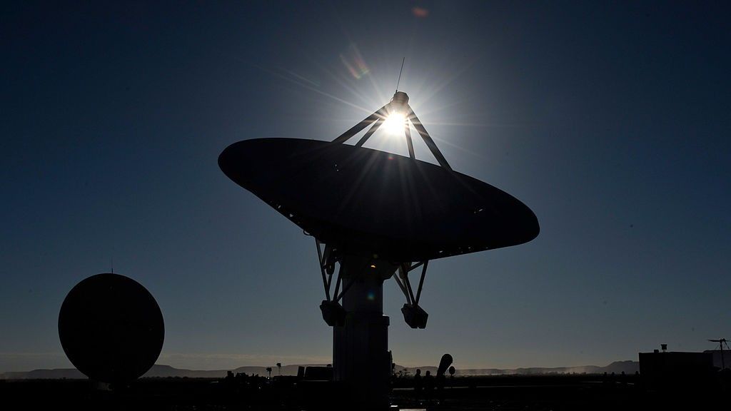 Some of the satellite dishes that make up the MeerKAT radio telescope in Carnavon, South Africa.