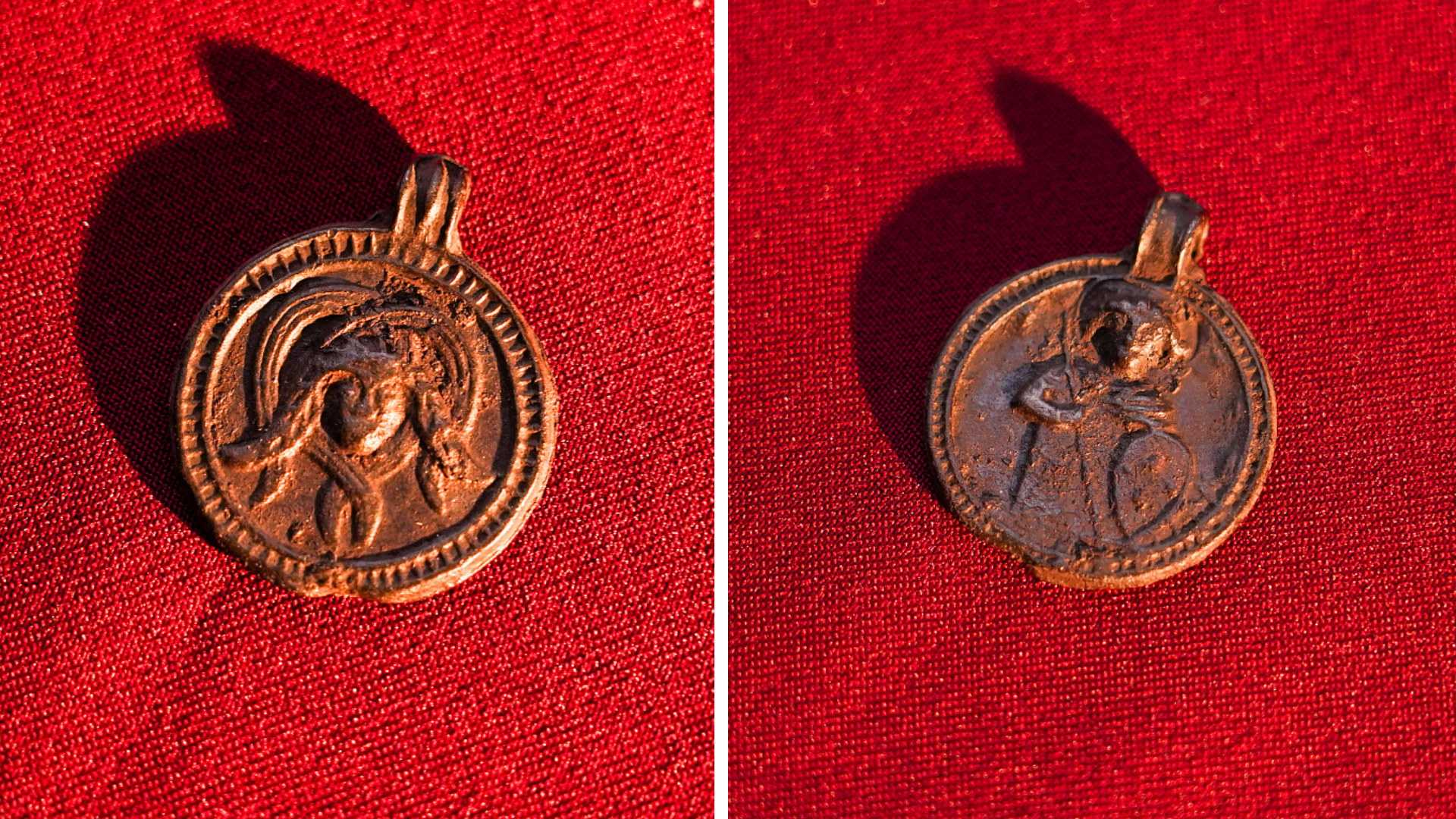 two sides of a copper-alloy pendant on a red fabric background