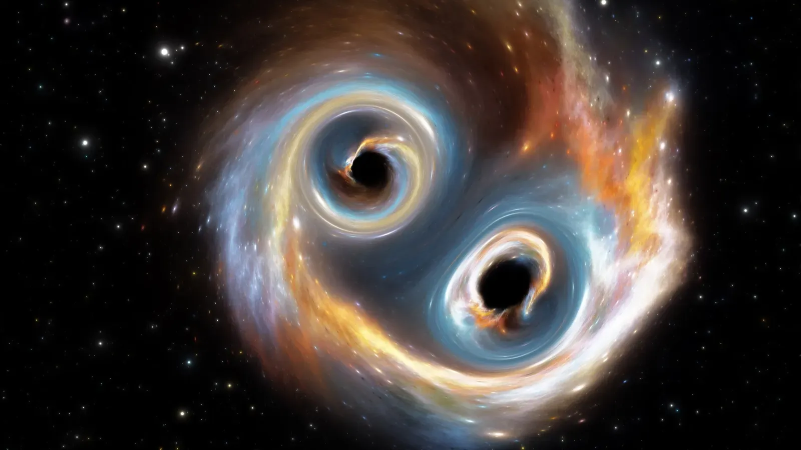 An artist's illustration of two black holes about to merge into one