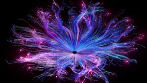 A bloom of purple and blue strands of light against a black background.