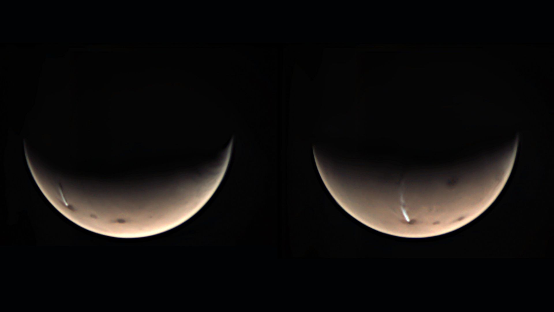 Deux photos côte à côte de Mars sous la forme d'un croissant dans l'espace avec le nuage s'étendant sur sa surface