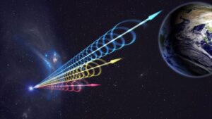 An illustration shows mysterious fast radio bursts as they bombard Earth from deep space.