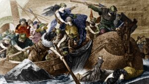 An illustrations of boats with vikings raiding