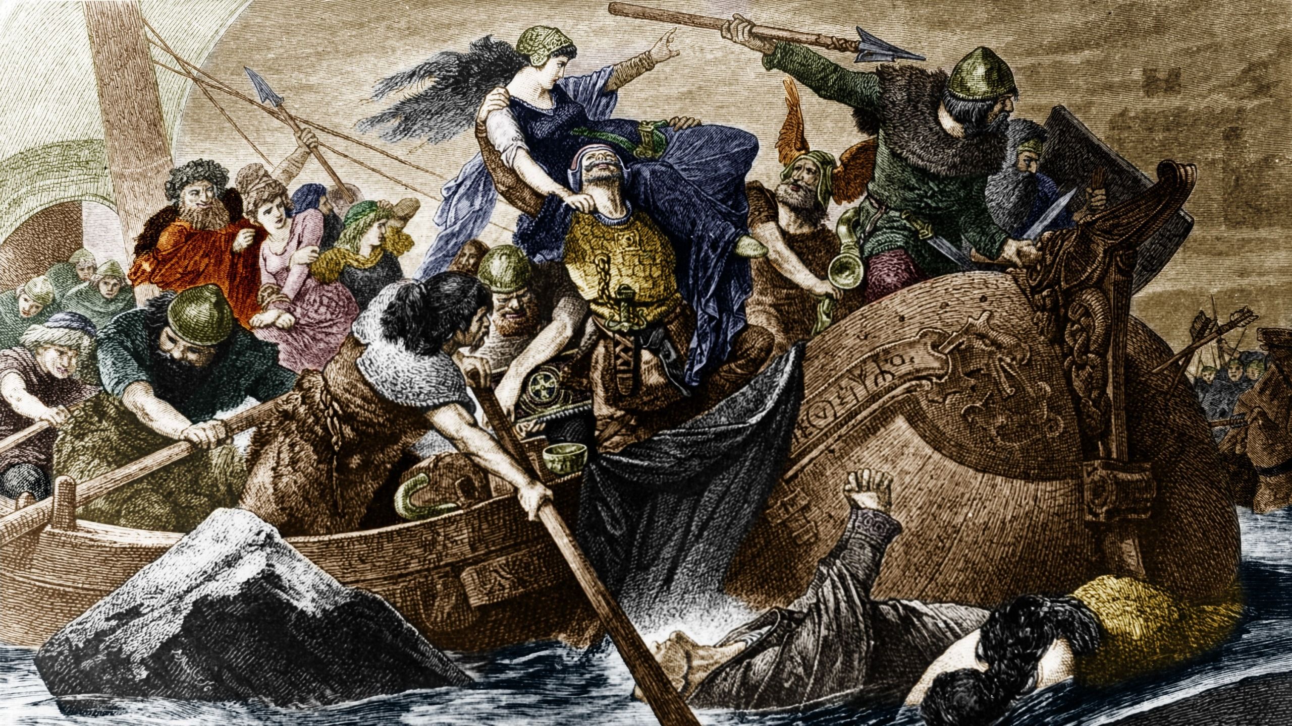 An illustrations of boats with vikings raiding