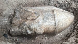 The head of a statue lying horizontally on the ground. It shows a man wearing a pointy hat.