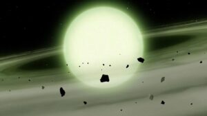 A green glowing sphere in the middle of deep space.