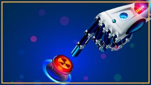 a robot hand hitting a red button