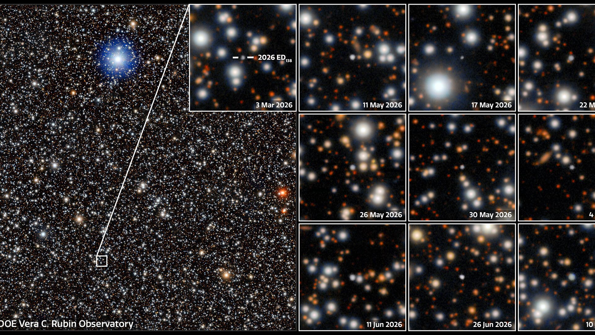 A mosaic of images captured by NSF–DOE Vera C. Rubin Observatory of the newly discovered dwarf planet candidate 2026 ED138 (ED138).
