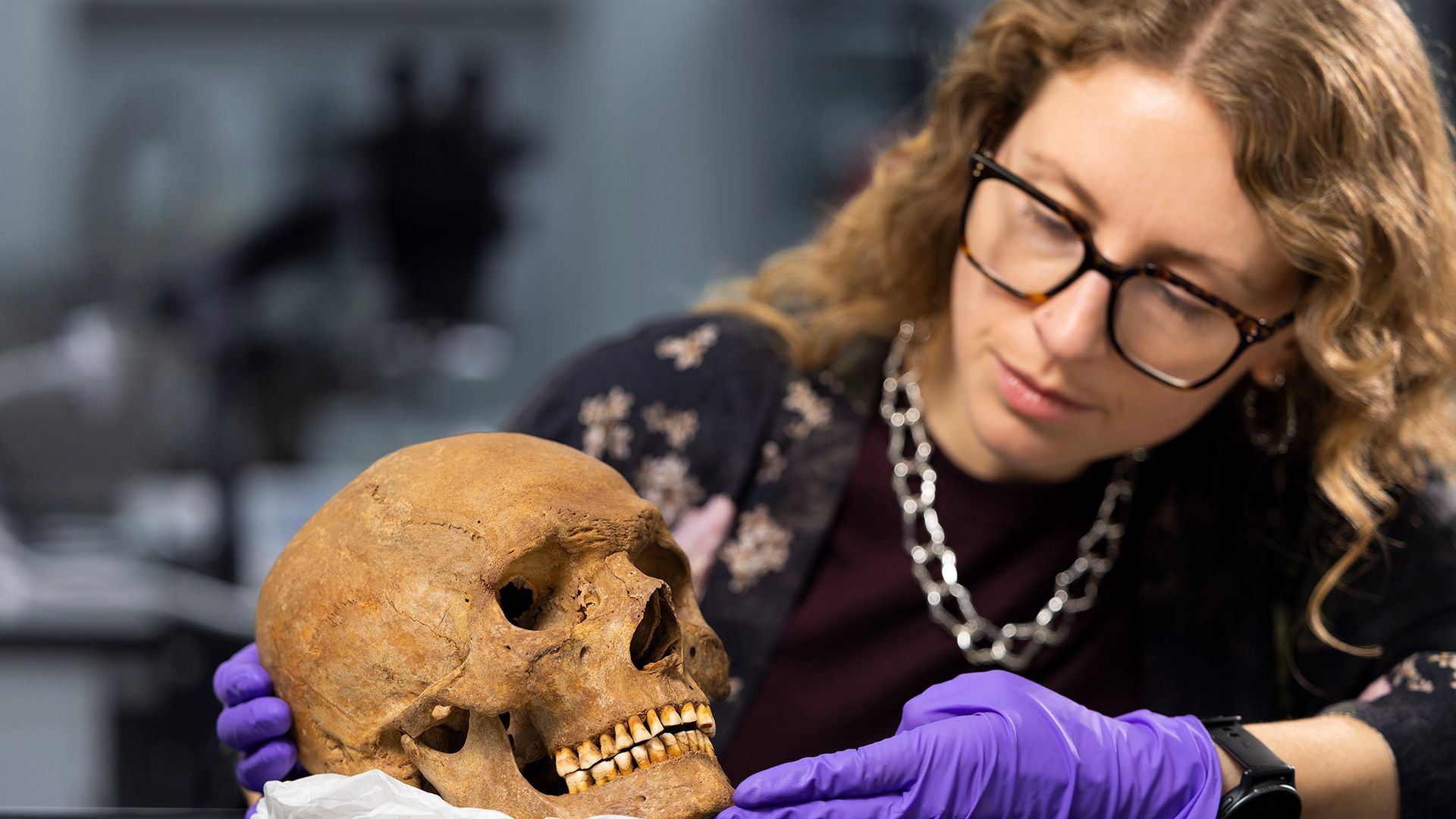 Une femme portant des lunettes et des gants en latex violets regarde un crâne humain marron.