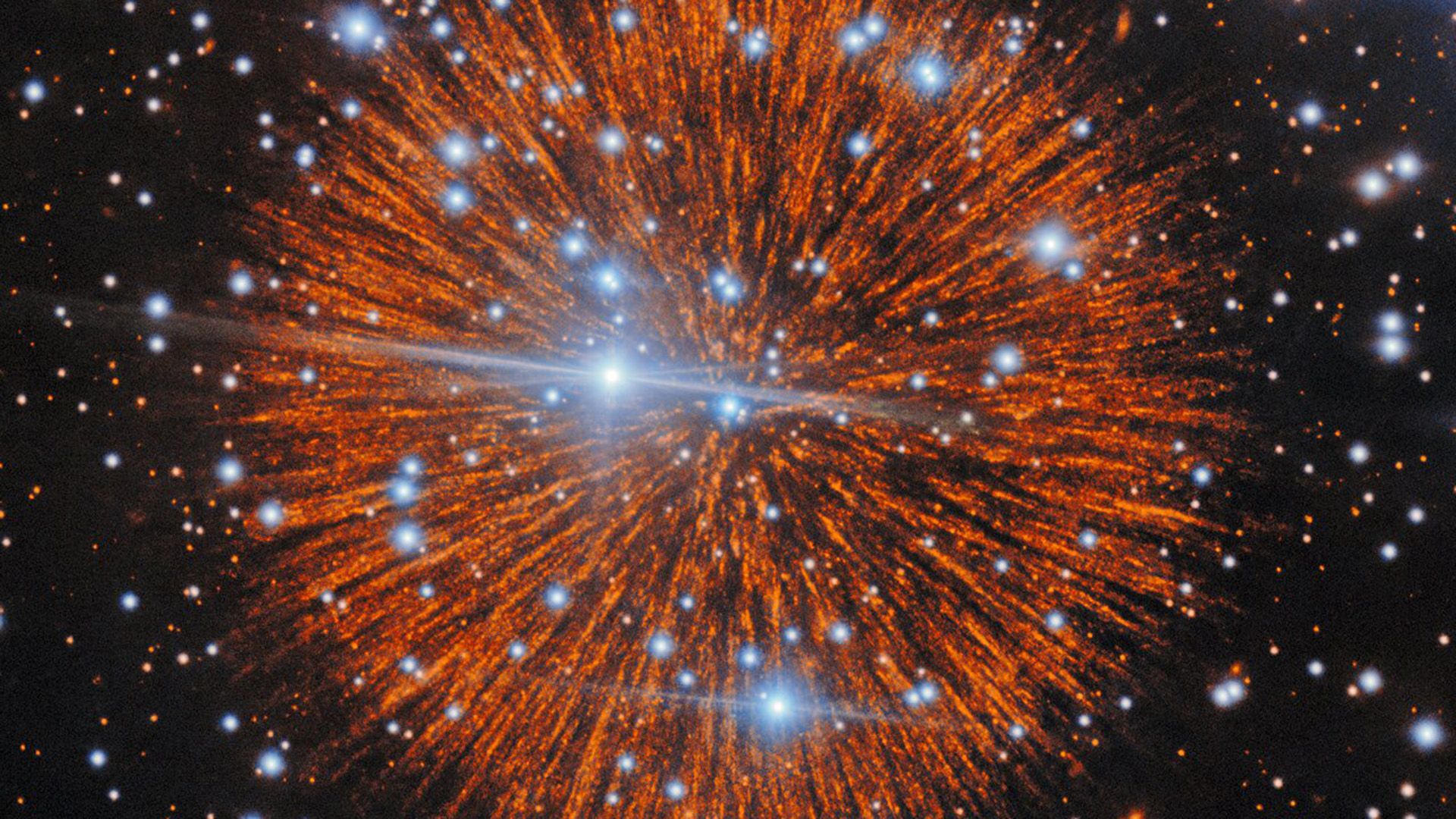 A glowing ball with orange streaks is seen in deep space
