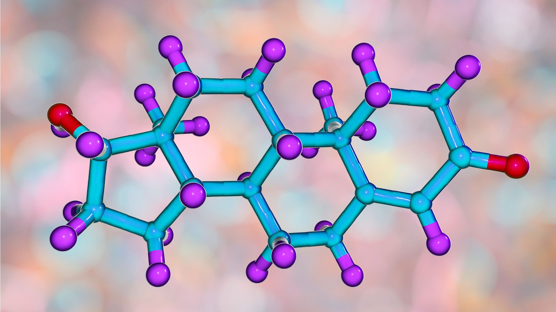 Une molécule bleue et violette avec quelques extrémités colorées en rouge.