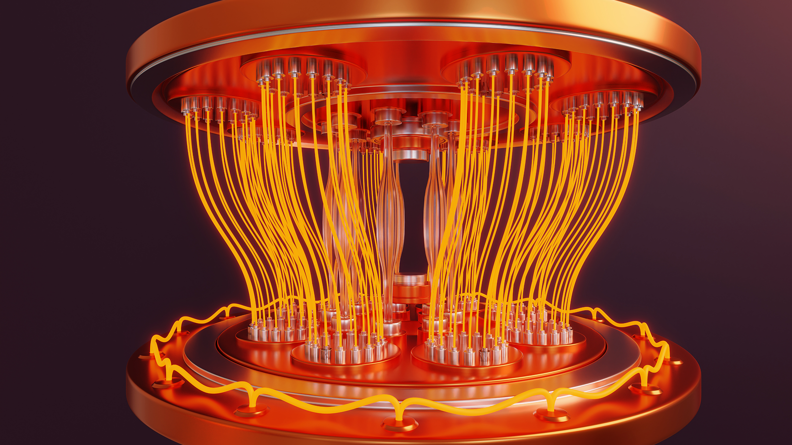 Tower of device made of copper discs connected by glowing wires and vacuum tubes. Illustration of the concept of quantum computer and computing